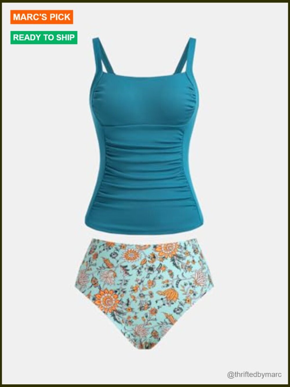 Women's Tankini Set Tummy Control Square Neck Adjustable Straps Ruched Ribbed - Picture 6 of 7